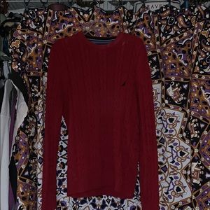 Red Nautica cable knit sweater.